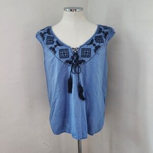 Banana Republic Blue Embroidered Tassel V Neck Sleeveless Top‎ Women's XL
